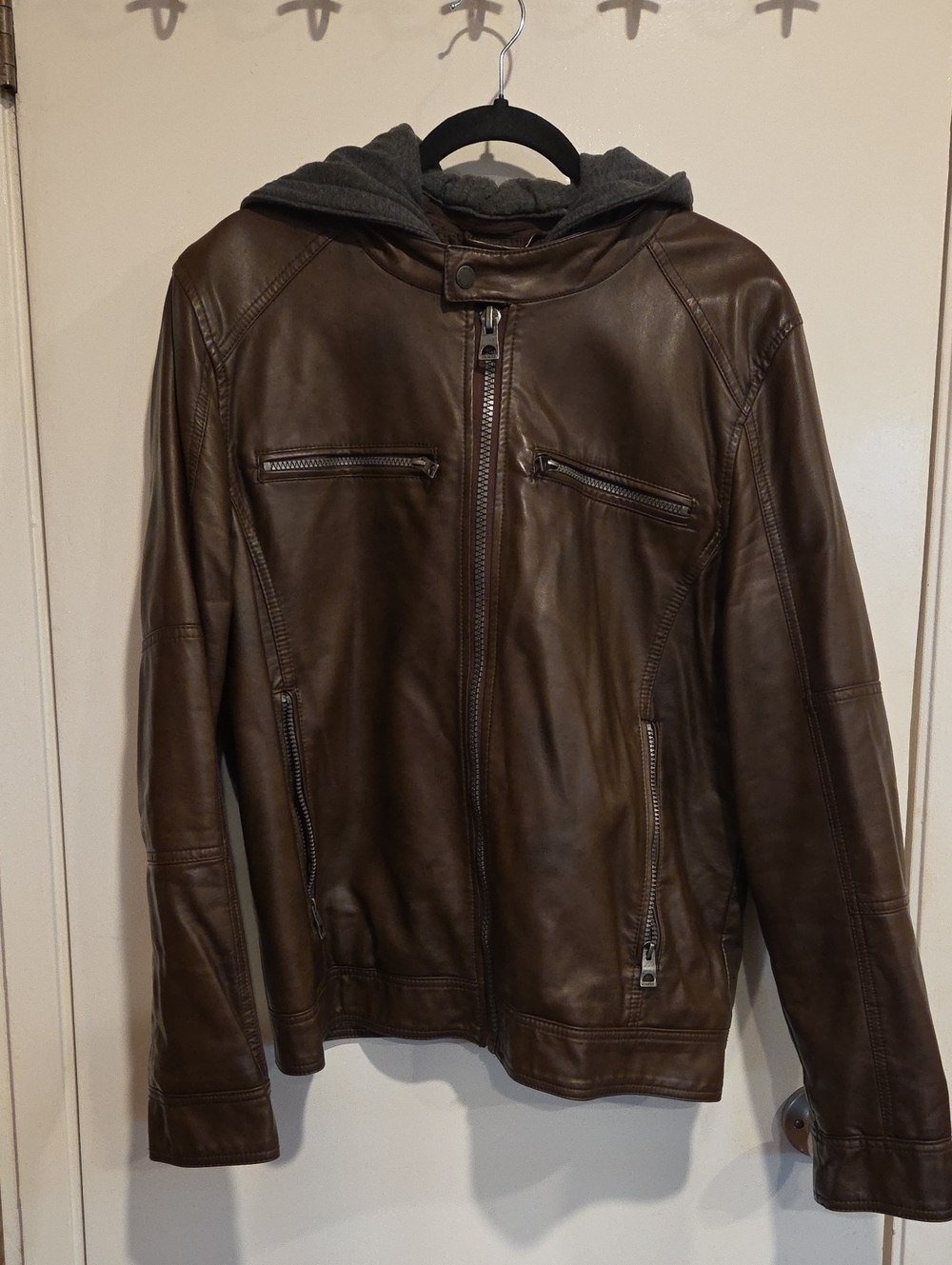 Guess Men's Brown Faux Leather detachable Hooded Jacket Size medium